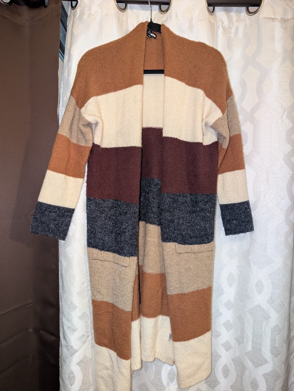 Fashion Nova Long Colorblock Open-Front Cardigan in Brown, Cream, Charcoal